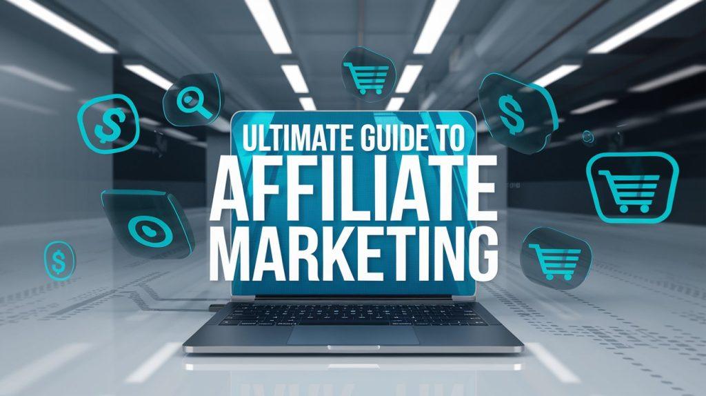 Cover image for 'Ultimate Guide to Affiliate Marketing' featuring a modern, professional design with affiliate marketing icons like laptops, shopping carts, and dollar signs.