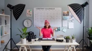 A content creator with a detailed posting schedule and tools symbolizing consistency and planning for success.