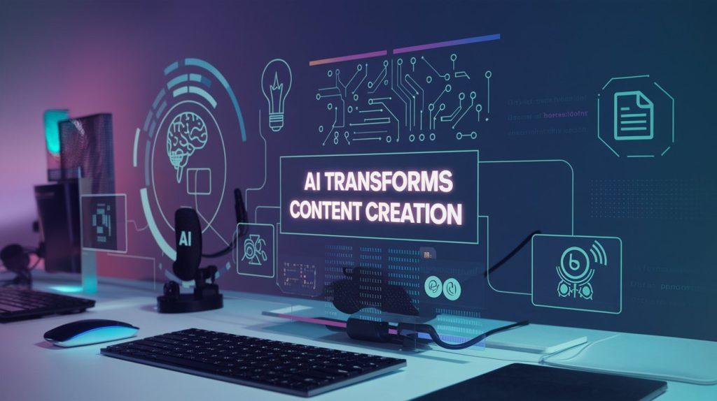 AI Transforms Content Creation - Digital workspace illustrating AI-driven content production.