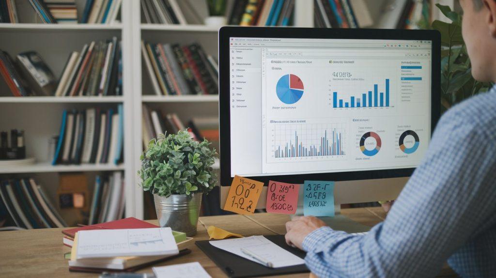 Marketer analyzing affiliate campaigns with graphs and analytics on a computer screen, focusing on optimization.