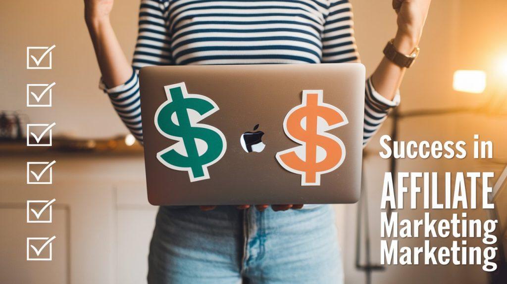 Key takeaways for affiliate marketing success, featuring a person with a laptop and dollar signs symbolizing achievement