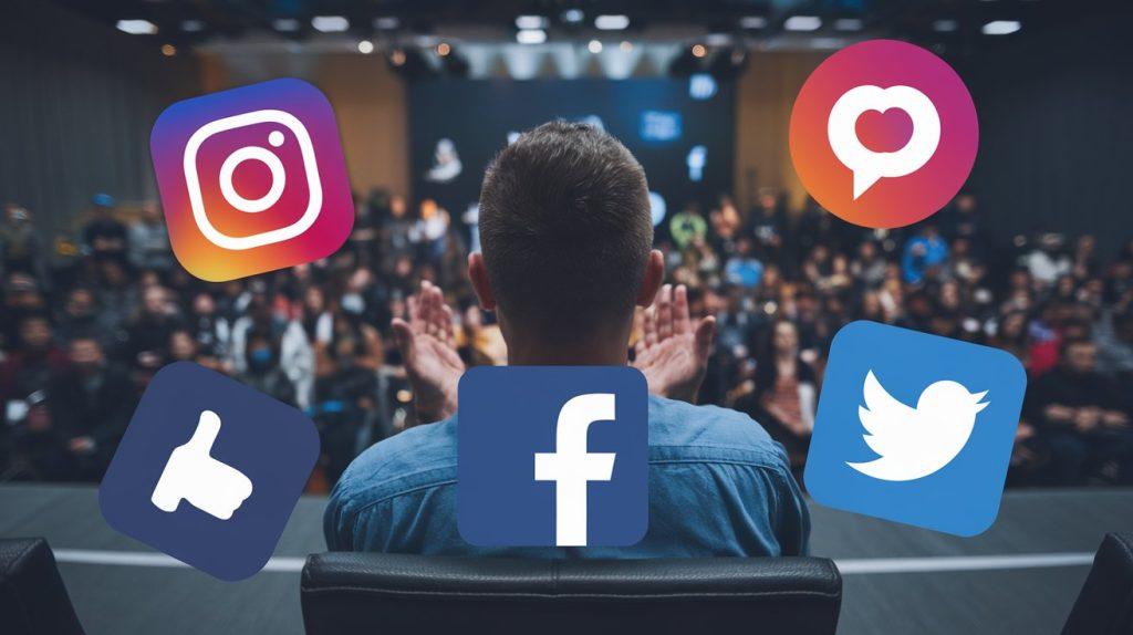 Leveraging social media for affiliate marketing with a person engaging on platforms like Instagram, Facebook, and Twitter