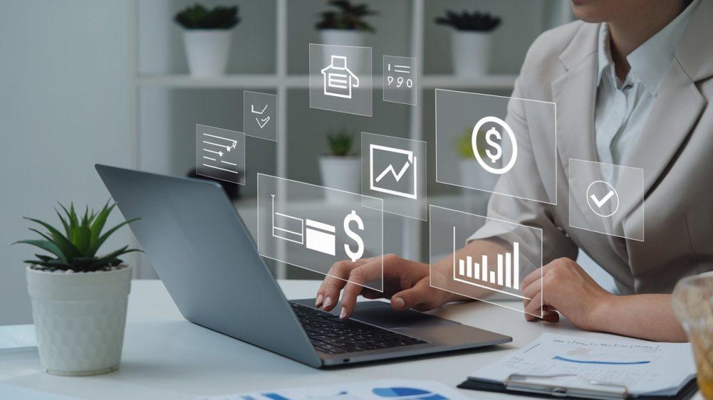 A person analyzing affiliate programs on a laptop, with icons like charts, dollar signs, and checkmarks symbolizing decision-making in affiliate marketing