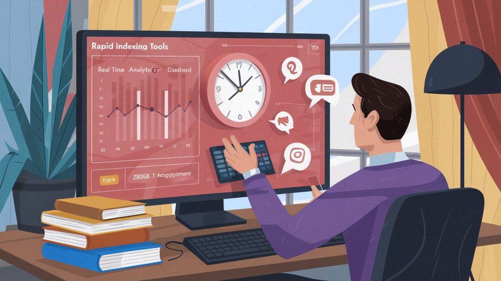 A dynamic image portraying a marketer using rapid indexers to push a time-sensitive campaign live, with a countdown clock and trending metrics.