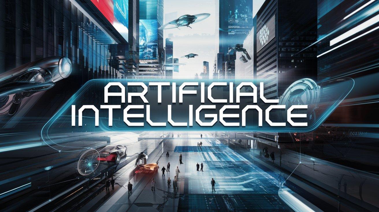 Futuristic cityscape with robots, AI algorithms, and human interaction showcasing the future of Artificial Intelligence in daily life and innovation.