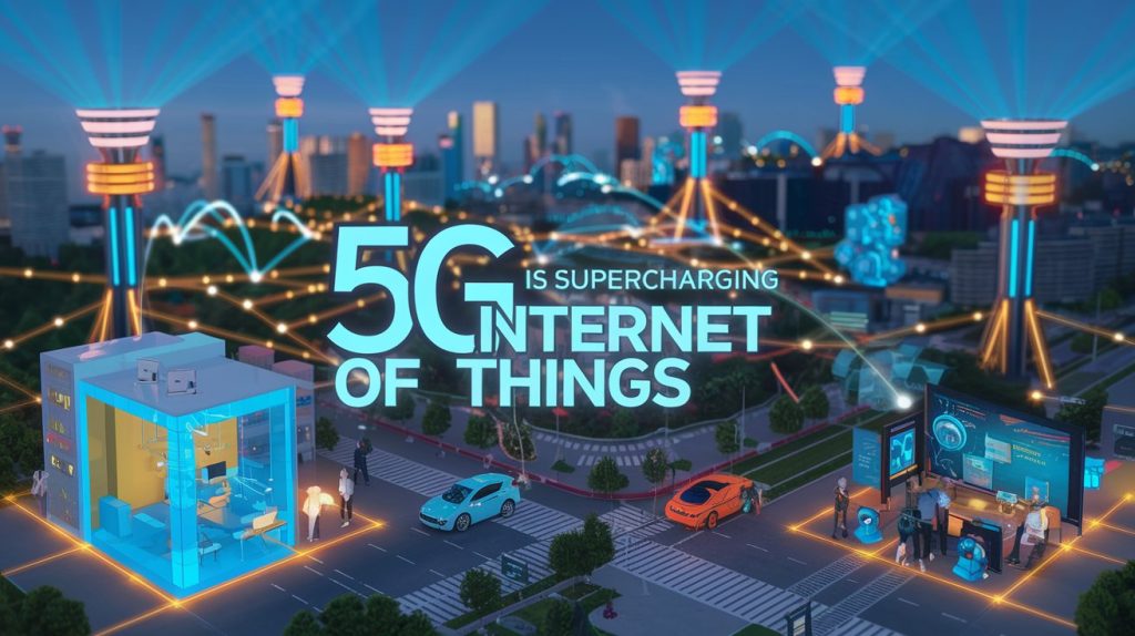 A dynamic futuristic city with 5G towers, interconnected IoT devices including smart homes, autonomous vehicles, and wearables, with the text "5G is Supercharging Internet of Things" prominently overlaid.