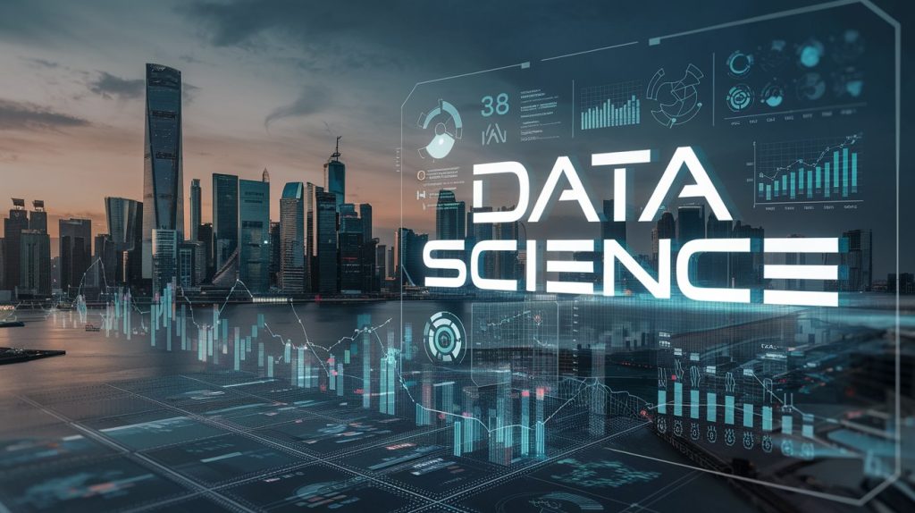 Futuristic cityscape with data points, graphs, and a holographic interface, featuring the text "Data Science" in bold, futuristic font.