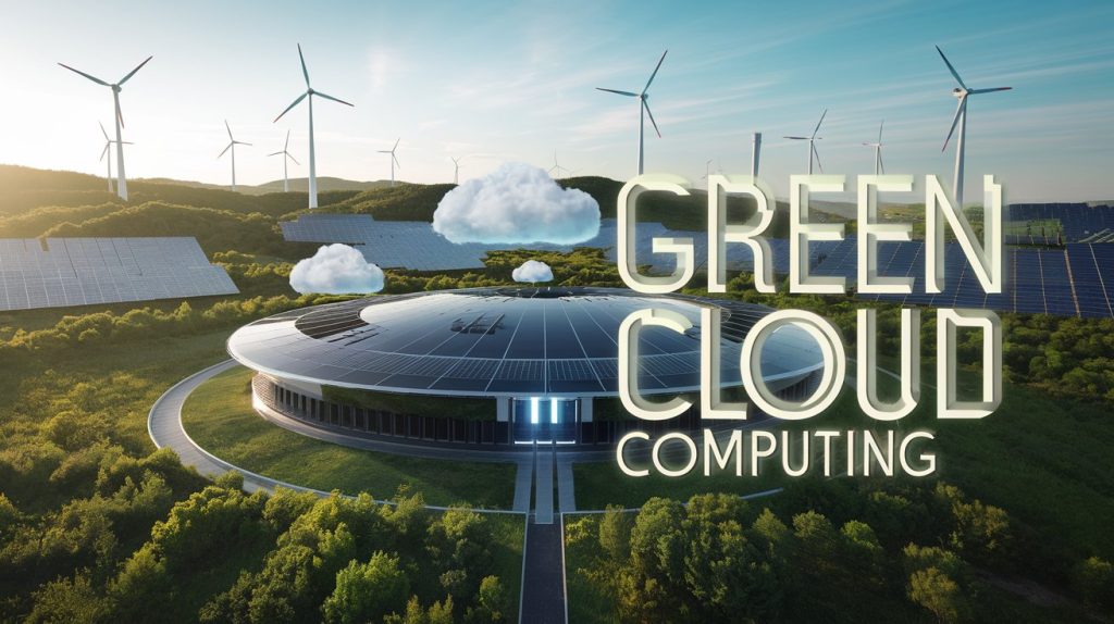 A futuristic, sustainable data center powered by renewable energy sources, symbolizing green cloud computing