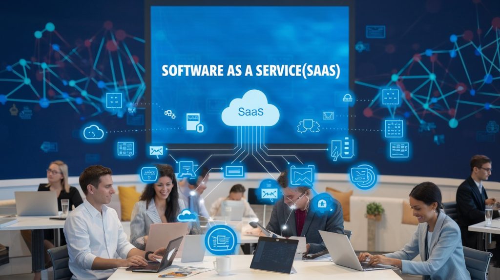 Illustration of a cloud representing SaaS with people using laptops and software icons connected to the cloud