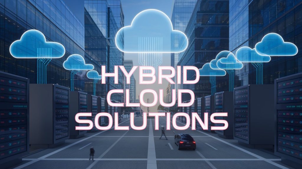 Hybrid cloud solutions visually represented with data flowing between private and public cloud infrastructure.