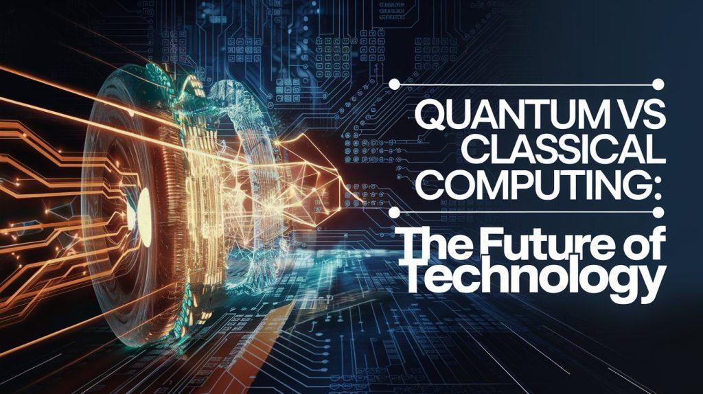 A futuristic quantum computer showcasing glowing qubits, with digital circuit patterns blending classical and quantum elements, overlaid with the title “Quantum vs Classical Computing: The Future of Technology.”