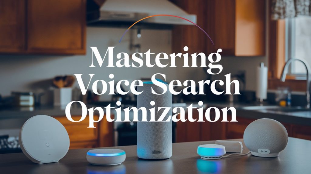 A digital assistant device on a kitchen counter with the text "Mastering Voice Search Optimization" in bold letters.