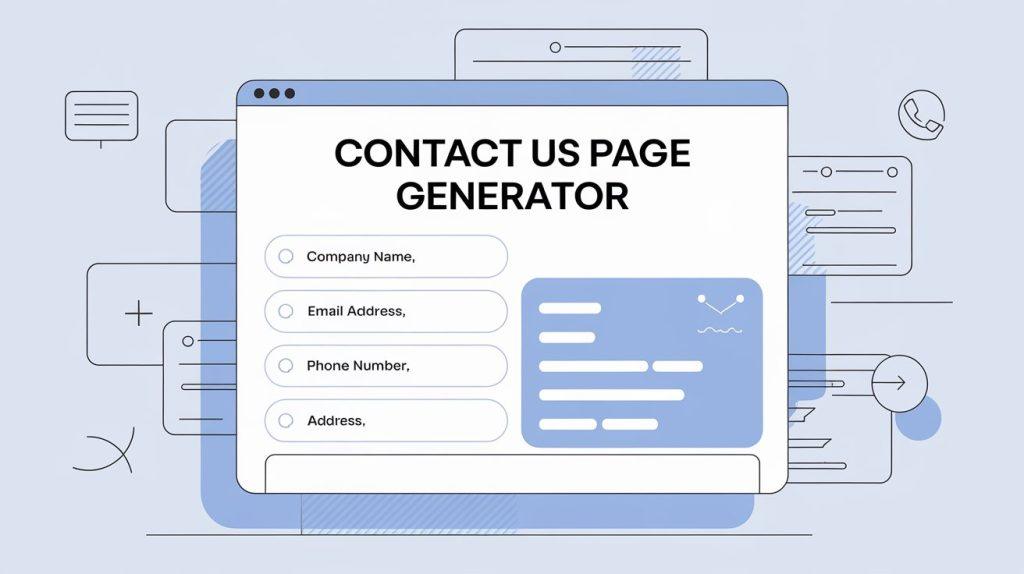 Contact Us Page Generator tool displayed on a desktop screen with a user-friendly interface for creating custom contact pages.