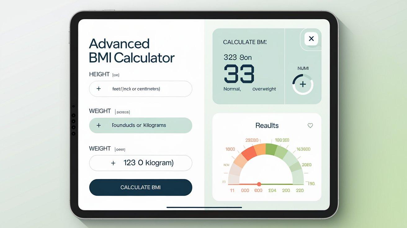 Advanced BMI Calculator displayed on a mobile screen, providing inputs for height and weight with a clear, user-friendly design