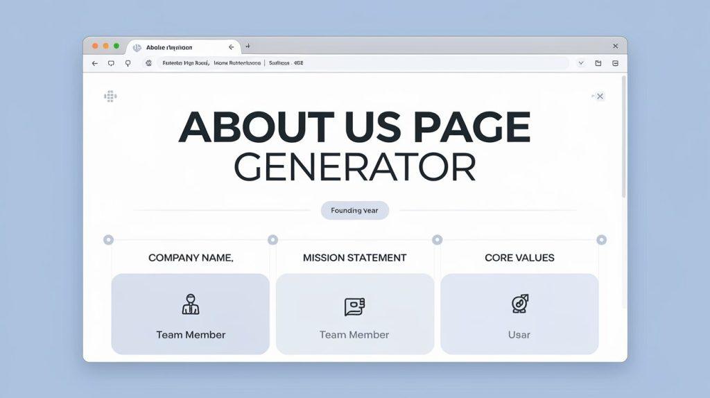 About Us Page Generator tool displayed on a desktop screen with an easy-to-navigate layout for creating custom about pages