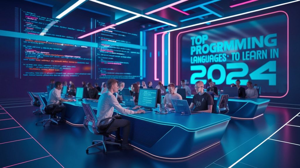 A futuristic scene of developers working with different programming languages, highlighting Top Programming Languages to Learn in 2024