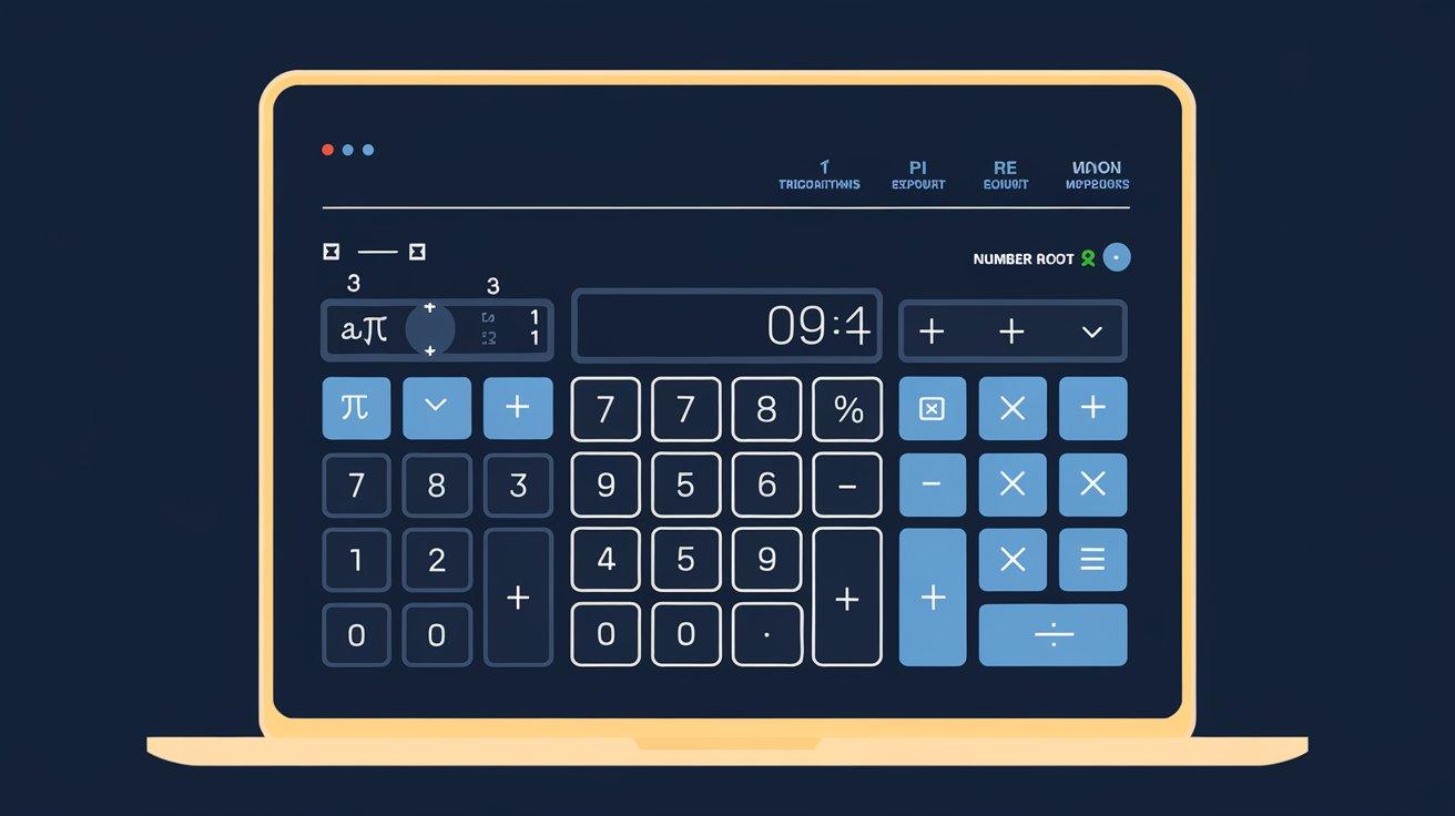 Online scientific calculator displayed on a laptop screen, offering advanced functions like trigonometry, logarithms, and exponents.