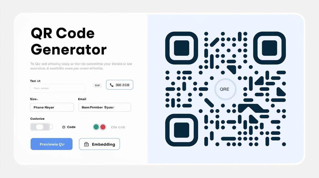 "Screenshot of a modern QR Code Generator tool interface, featuring input fields for URL, text, email, and phone number. The design includes customization options like color selection, size adjustment, and logo upload, with buttons for generating, previewing, and downloading QR codes. The layout is clean and responsive, with a professional and minimalist aesthetic suitable for WordPress integration."