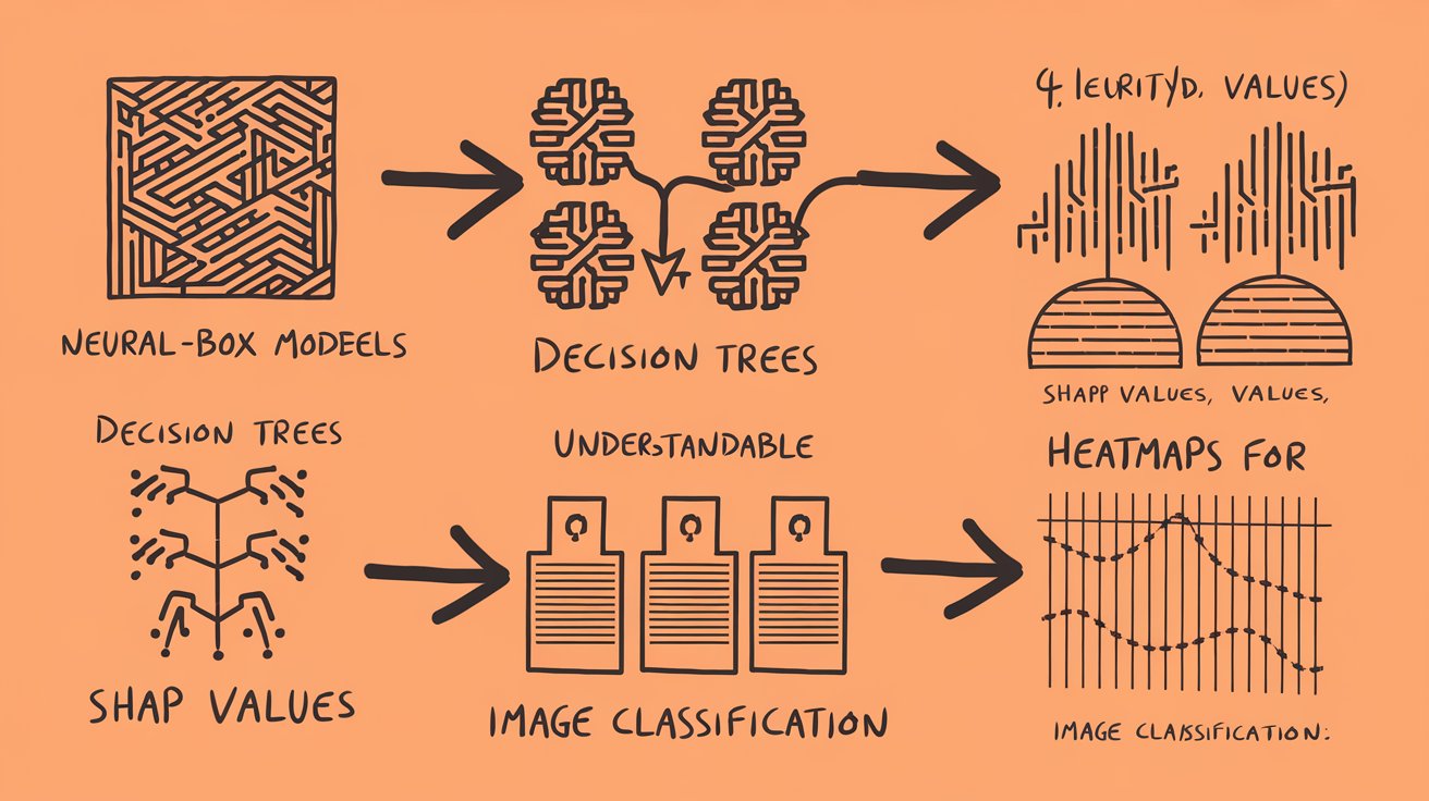 Diagram of Explainable AI (XAI) showing a flow from complex machine learning models (neural networks) to simpler, interpretable explanations, such as decision trees, SHAP values, and heatmaps used in image classification.