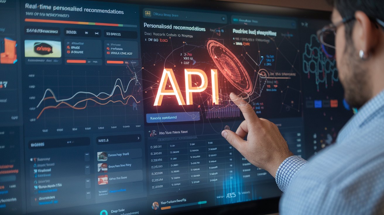 A backend developer managing an API that delivers personalized recommendations, with data points and machine learning algorithms showcased on a dashboard, illustrating how recommendation systems work in real-time to enhance user experience.