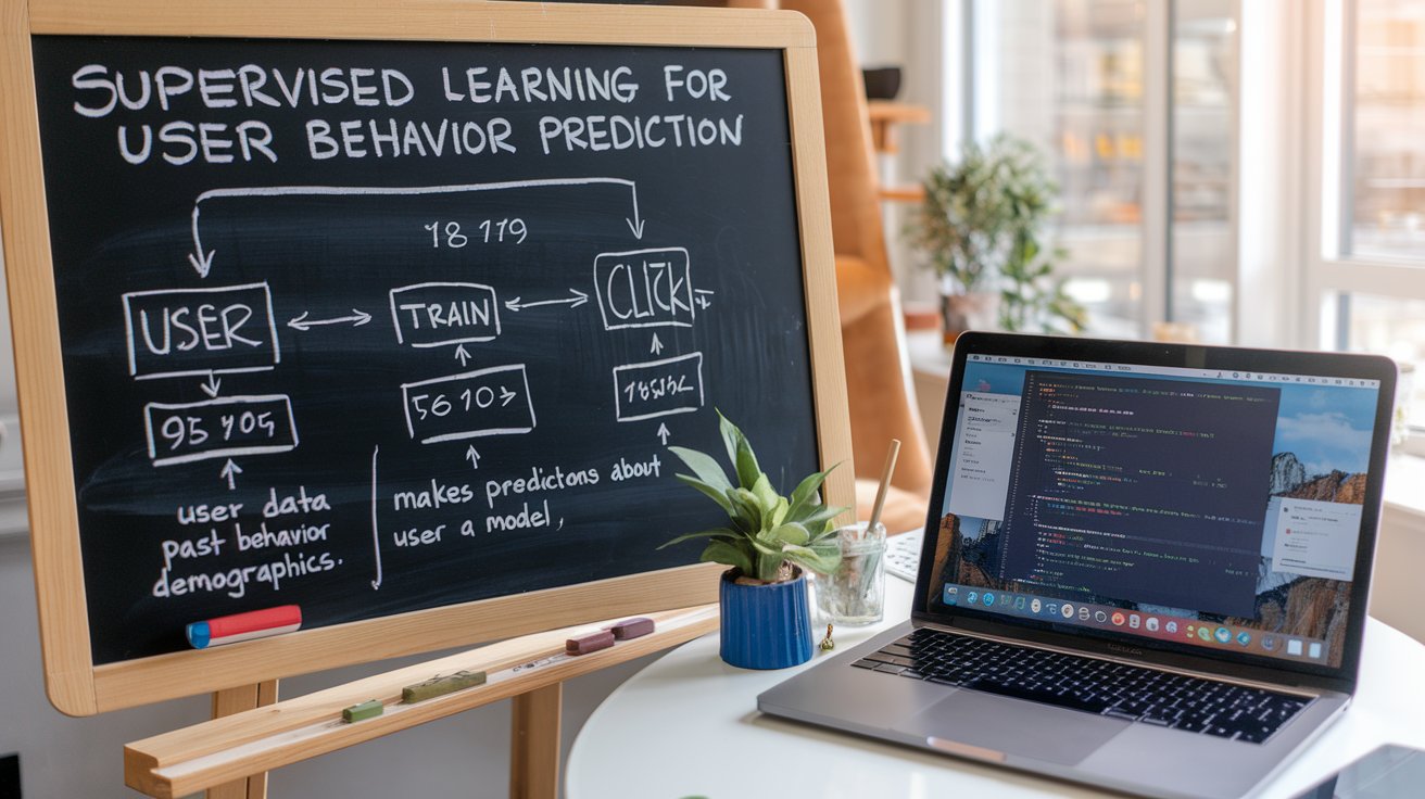 Diagram illustrating supervised learning for predicting user behavior, with labeled data (features and outcomes) being used to train a model that predicts future actions, such as purchases or interactions, in a backend system.