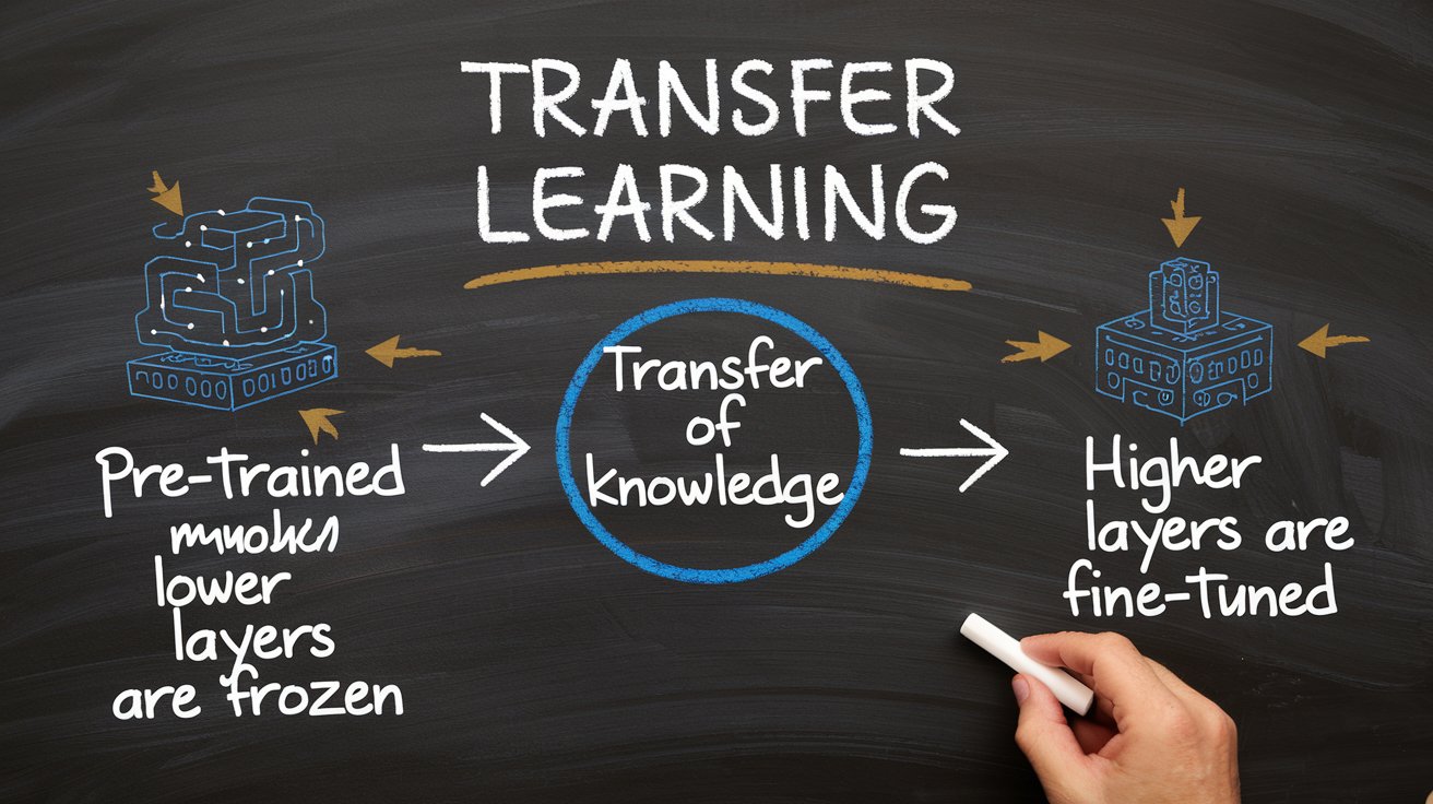 Diagram illustrating how transfer learning works, with a pre-trained model being adapted for a new task by freezing lower layers and fine-tuning higher layers, representing efficient model training for backend development.