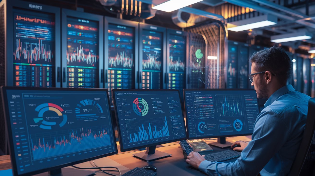 A backend developer analyzing predictive analytics dashboards, with glowing server systems in the background, showcasing how machine learning helps forecast future resource needs and system performance.