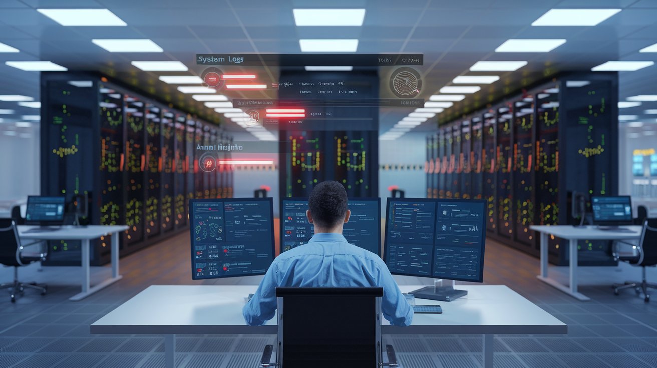  A developer analyzing flagged anomalies in real-time system logs, with highlighted issues appearing on a digital dashboard, showcasing how anomaly detection identifies unusual patterns to prevent backend issues.