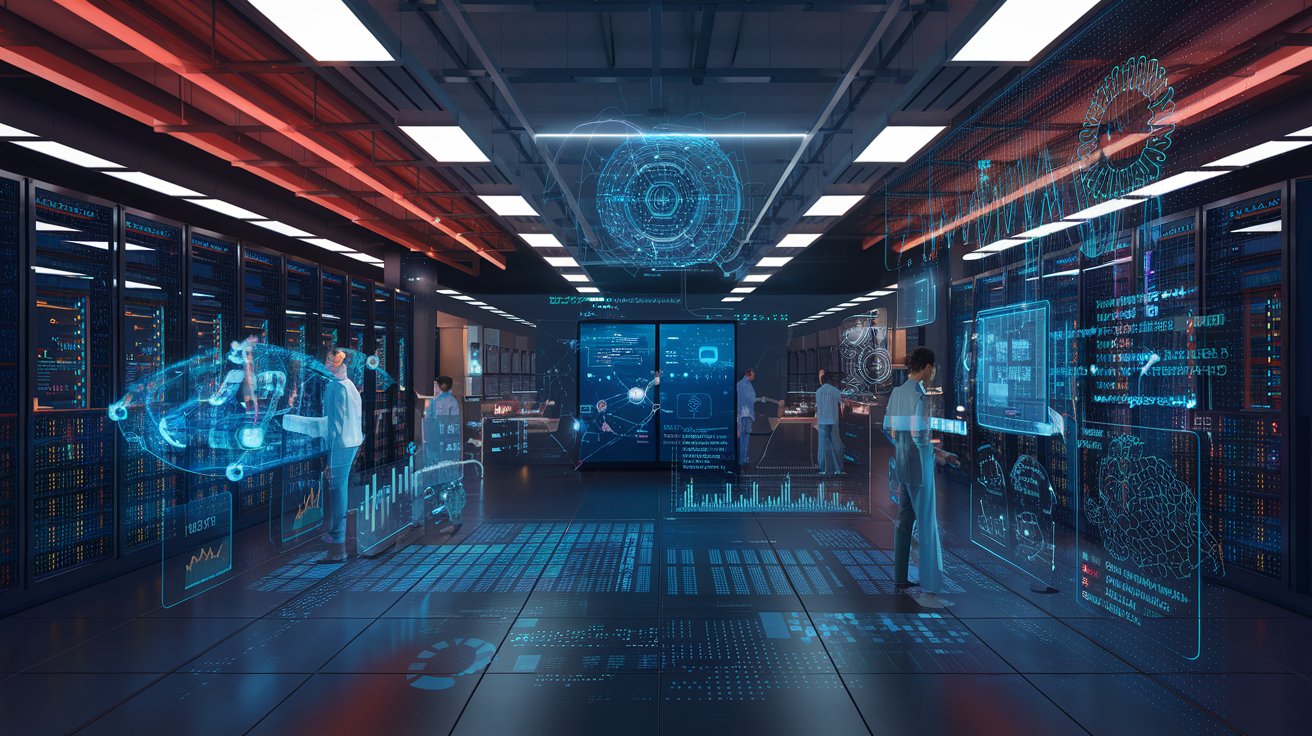 A high-tech server room depicting the integration of machine learning in backend development, with glowing data streams, predictive analytics, and real-time algorithms enhancing system performance and security.