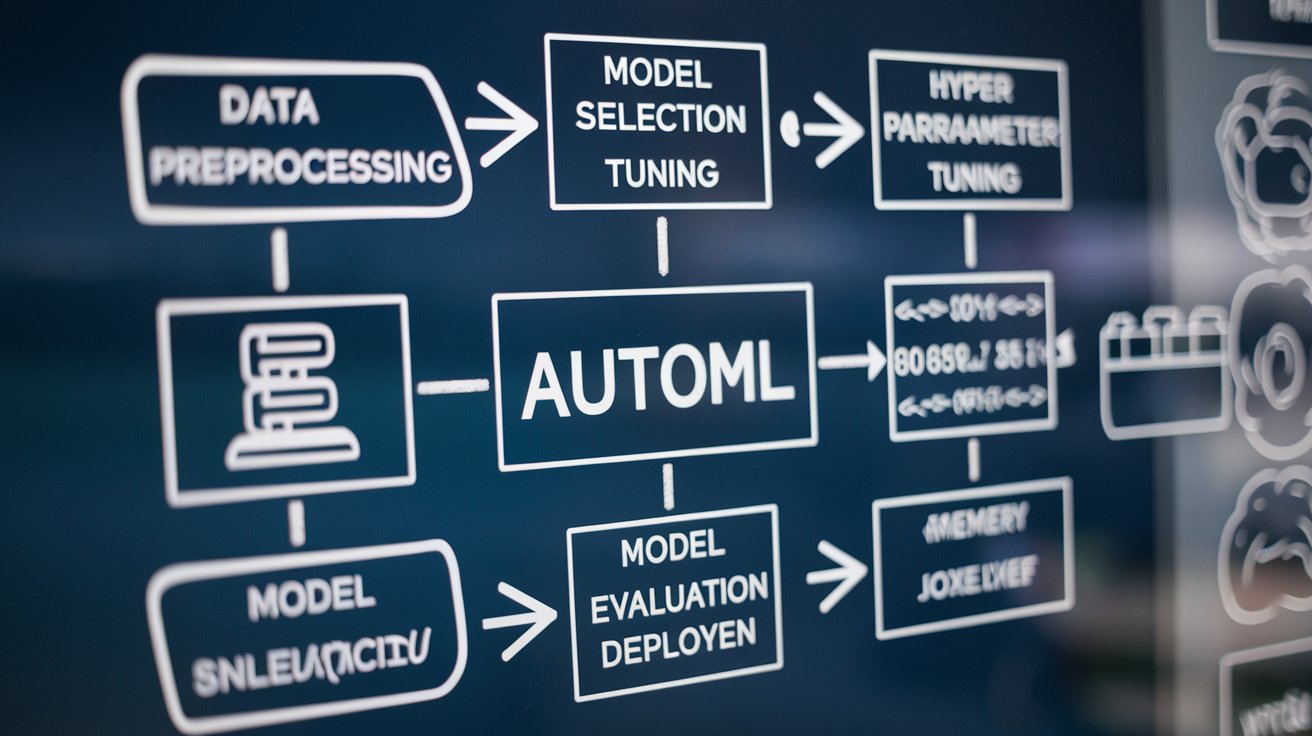 Flowchart of the AutoML process showcasing the steps from data preprocessing to deployment, emphasizing automation in machine learning model development and backend integration.