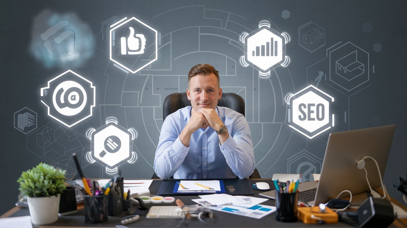 Small business owner confidently managing AI marketing tools at a cluttered desk, surrounded by icons representing email, social media, and analytics