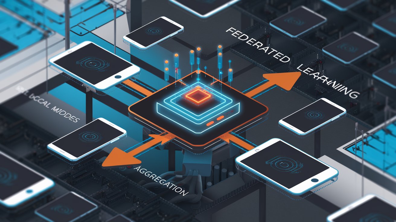 Diagram illustrating federated learning, where multiple devices (smartphones, IoT devices) perform local training and send model updates to a central server for aggregation, enhancing data privacy and collaboration.