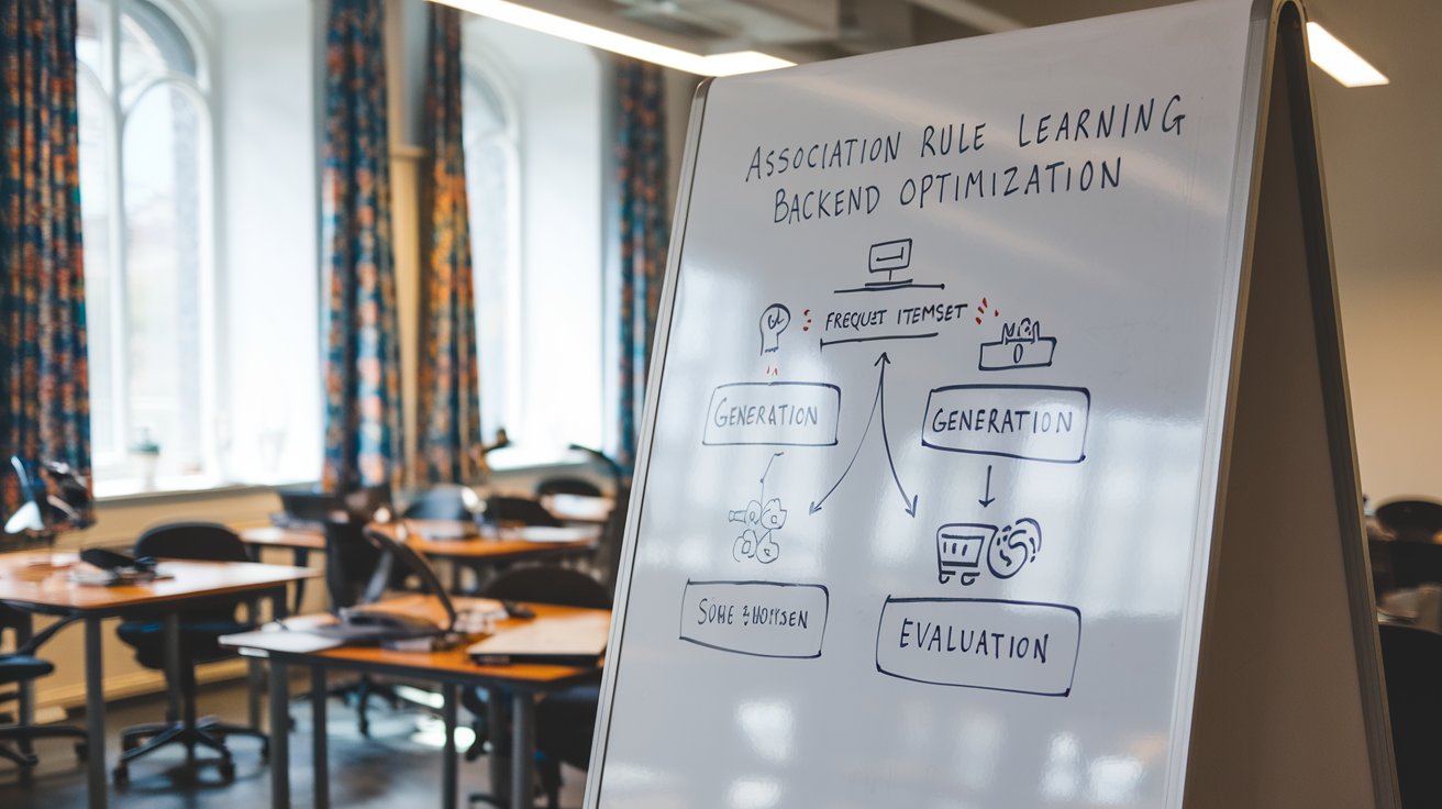 Diagram showing the steps involved in Association Rule Learning, with an emphasis on how the technique improves backend database performance by discovering itemsets, generating rules, and optimizing indexing and data retrieval