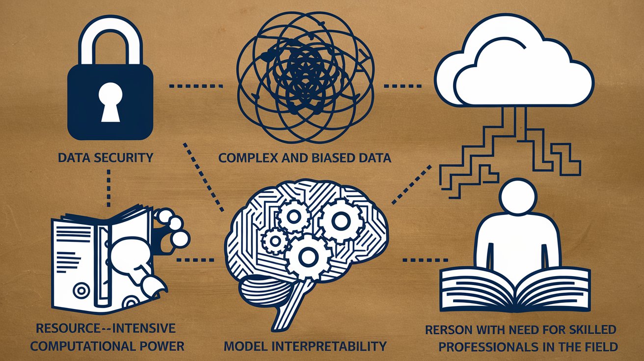 "Visual representation of the key challenges in machine learning including data privacy, model interpretability, computational demands, skill shortages, and ethical considerations."