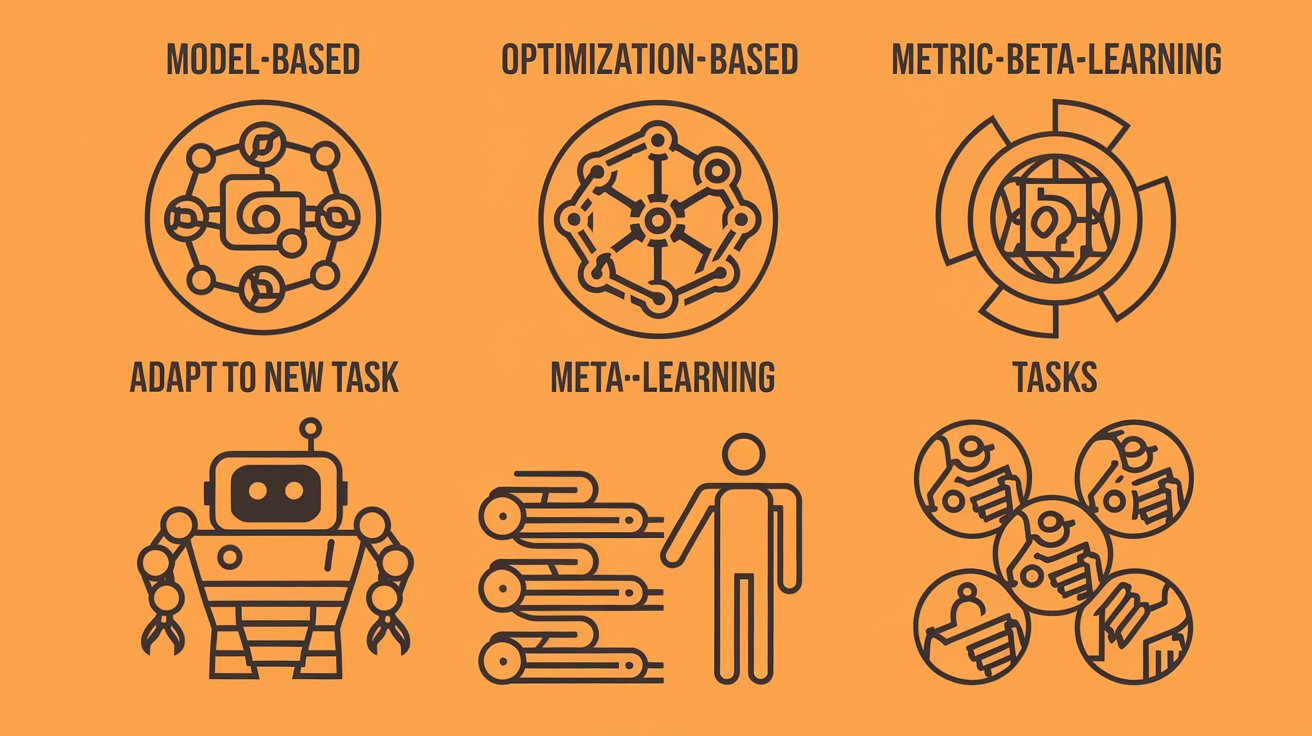  Diagram illustrating the concept of meta-learning for backend development, highlighting the three main strategies: model-based, optimization-based, and metric-based learning, showcasing quick adaptation to new tasks.